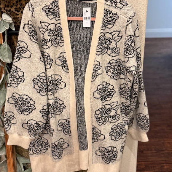 Lane Bryant Sweaters - Lane Bryant Cream and Black Floral Open-Front Cardigan